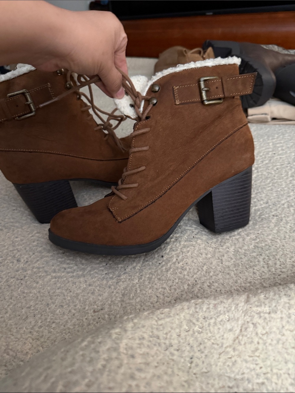 Cozy Brown Suede Lace-Up Block Heel Booties